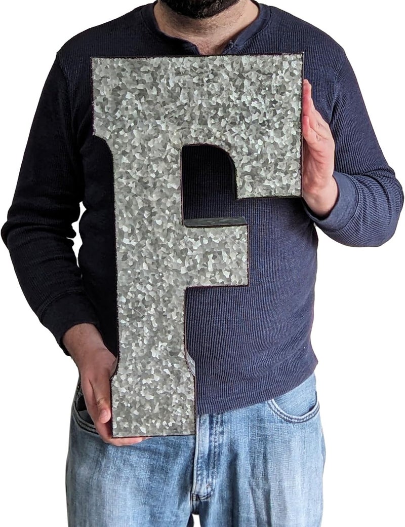 Science Purchase 20" Metal Letter F Wall Decor, Silver with Rusted Edges, Galvanized Wall Mountable Decoration for Country, Mid-Century, or Farmhouse Themed Room or Event - Image 1